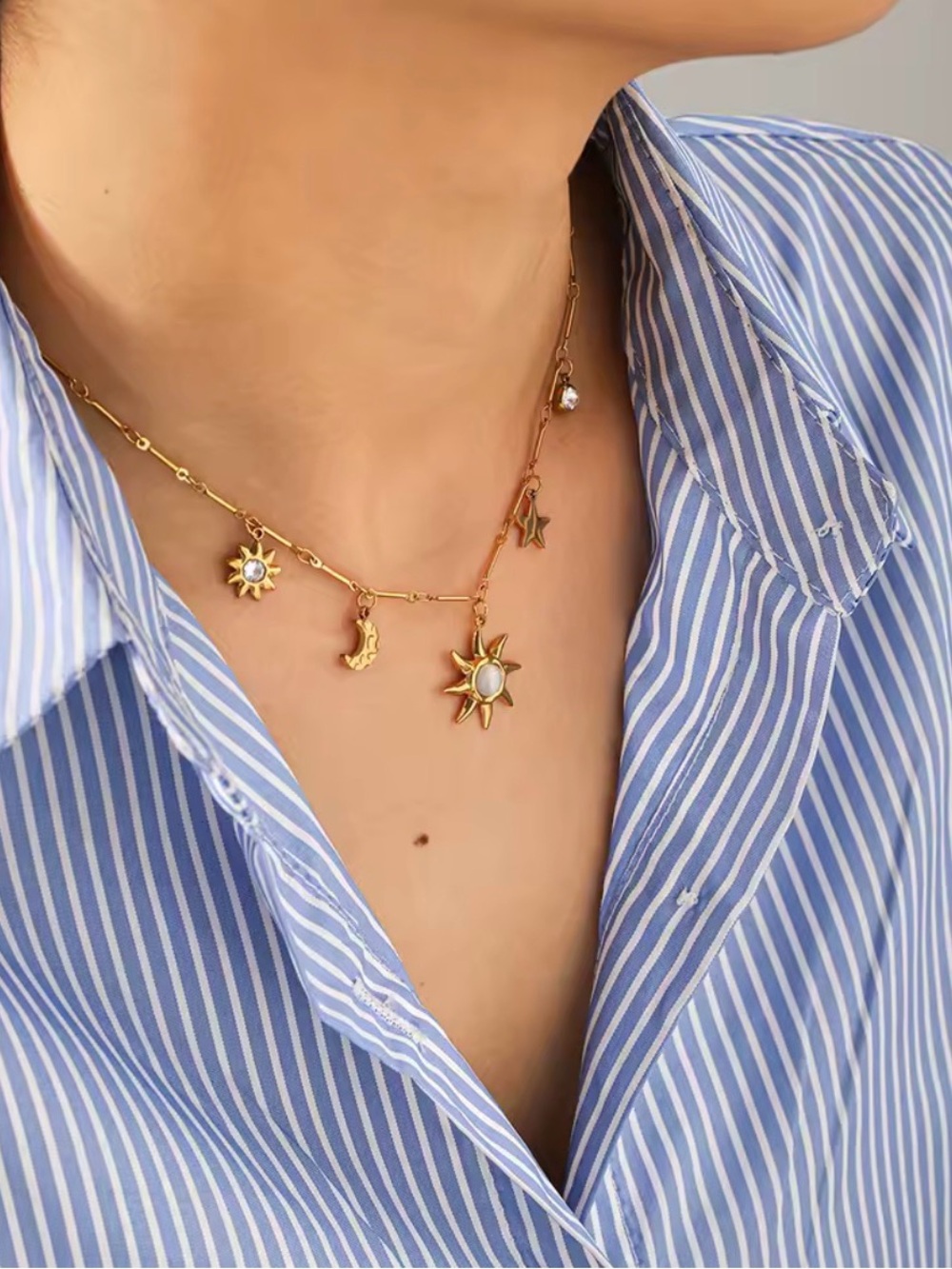 Gold Sun & Celestial Charm Necklace - Hypoallergenic and Waterproof - Picture 3 of 7